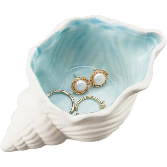 Conch Shape Ceramic Jewelry Tray Aqua Shell Dish Ceramic Ring Earring Holder - Picture 1 of 5